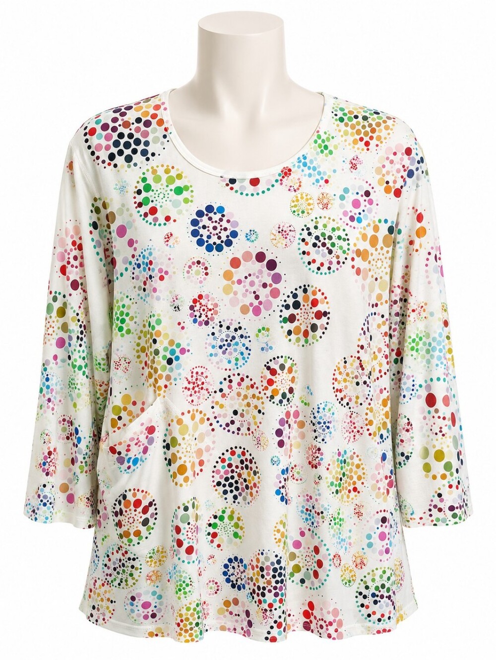 ET'LOIS Art To Wear Tunic Top Sz M White Multi Color Circle Polka Dot Knit Artsy